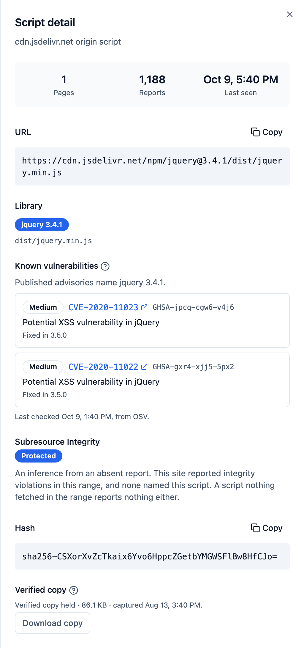 One script's detail, on the Professional and Business plans: jquery.min.js from jsDelivr, identified from its bytes as jQuery 3.4.1, with two medium advisories, CVE-2020-11022 and CVE-2020-11023, both fixed in 3.5.0, its Subresource Integrity coverage, its SHA-256, and a verified copy of the file whose hash matches.